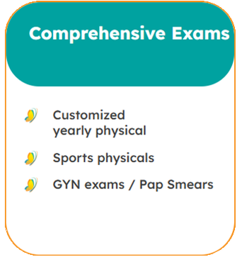 Image text: Comprehensive Exams, Customized yearly physical, Sports Physicals, GYN exams, Pap Smears