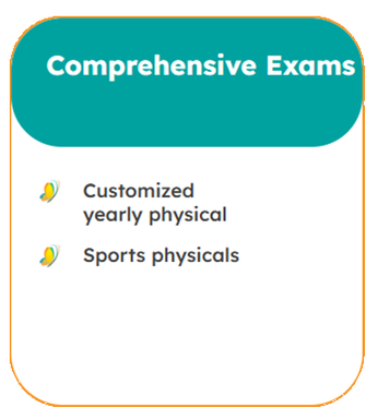 Comprehensive Exams: Customized yearly physical, Sports physicals.
