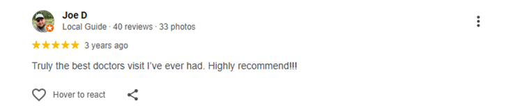Testimonial of Joe D Truly the best doctors visit I’ve ever had. Highly recommend!!!